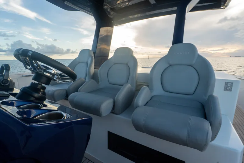 Slide: The Image of Luxury seating on 2021 Pardo Yachts 43, featuring sleek design and ocean view. - 23