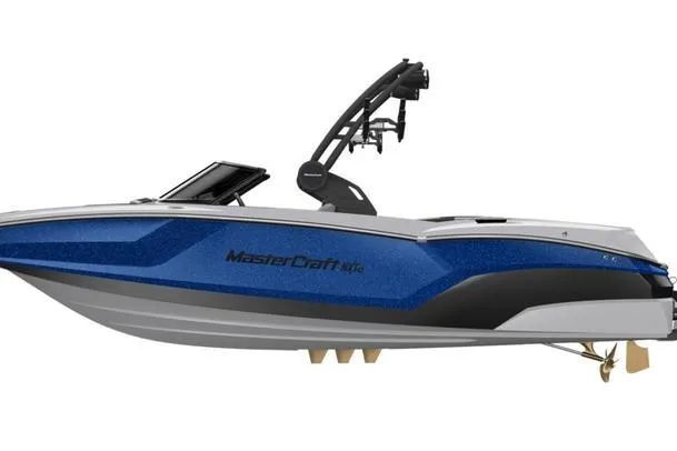 The Image of 2027 MasterCraft NXT22 boat, sleek blue design, side view, modern wakeboard tower. - 1