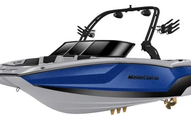 Slide: The Image of 2027 MasterCraft NXT22 boat with blue and white design, featuring a sleek hull and wakeboard tower. - 3