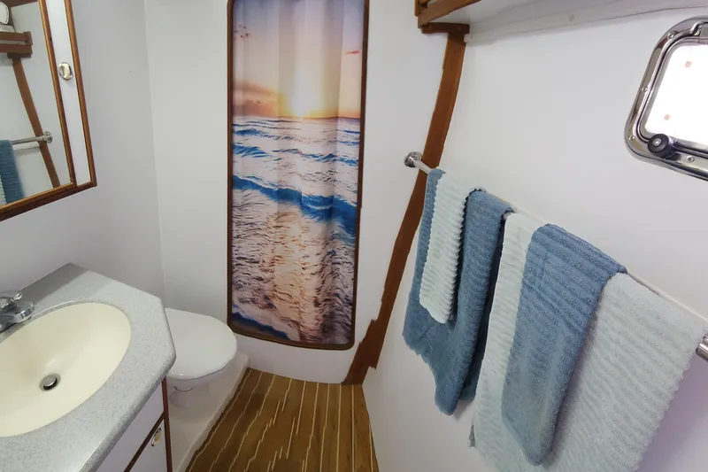 Slide: The Image of Bathroom interior of 2003 Endeavour 44 TrawlerCat with ocean-themed shower curtain. - 31