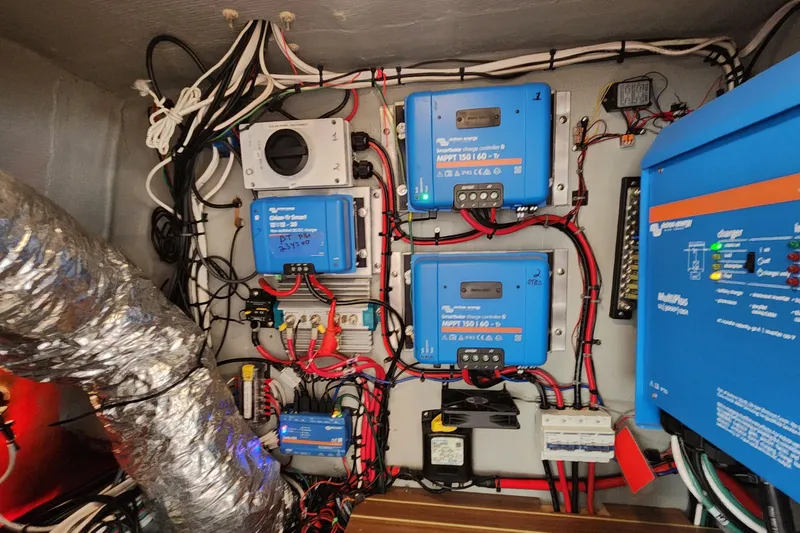 Slide: The Image of Electrical system setup in a 2003 Endeavour 44 TrawlerCat, featuring Victron Energy components. - 45