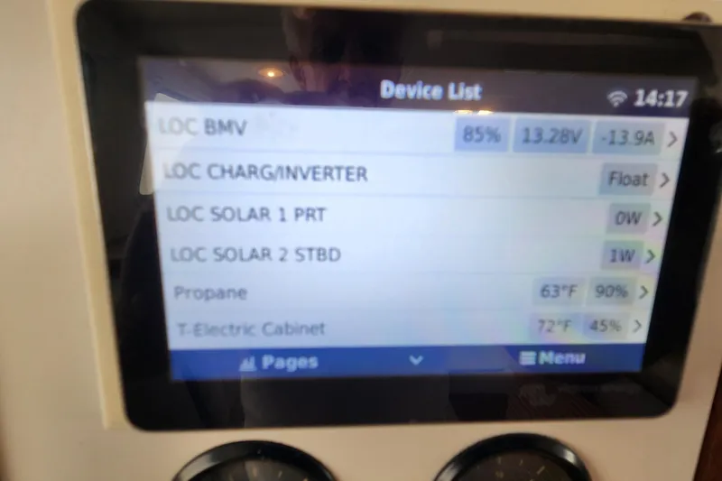 Slide: The Image of Display screen on 2003 Endeavour 44 TrawlerCat showing device list and power metrics. - 47