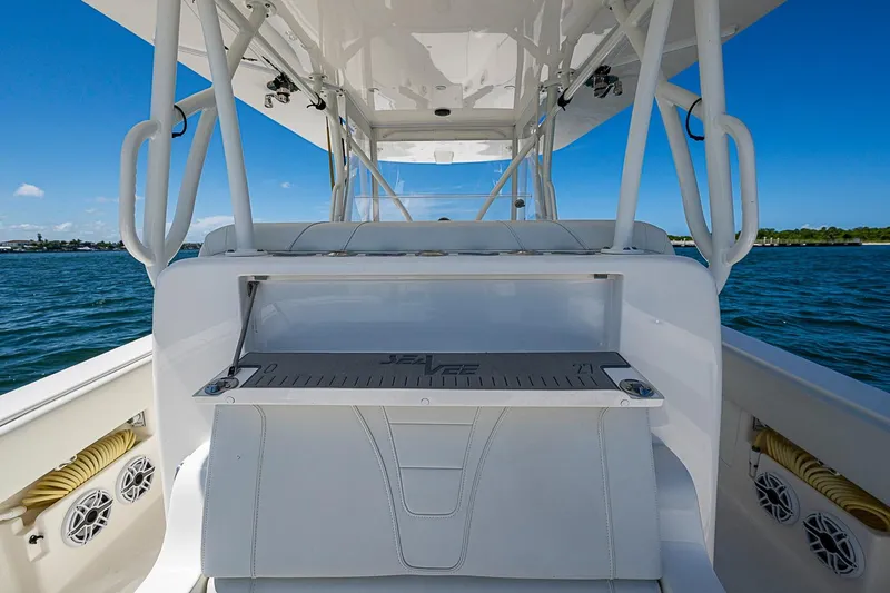 Slide: The Image of 2023 SeaVee 390B boat interior with seating and ocean view. - 28