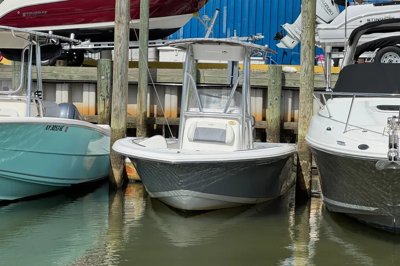 The Image of 2020 Tidewater 198 CC Adventure boat docked between two other boats. - 1