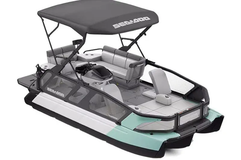 Slide: The Image of 2026 Sea-Doo Switch Sport 18 pontoon boat with canopy and seating. - 1