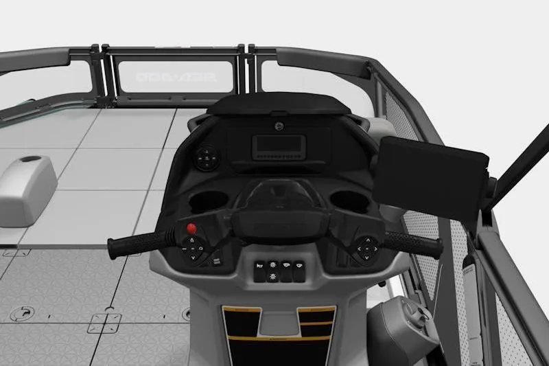 Slide: The Image of 2026 Sea-Doo Switch Sport 18 dashboard with steering and controls, featuring modern design elements. - 3