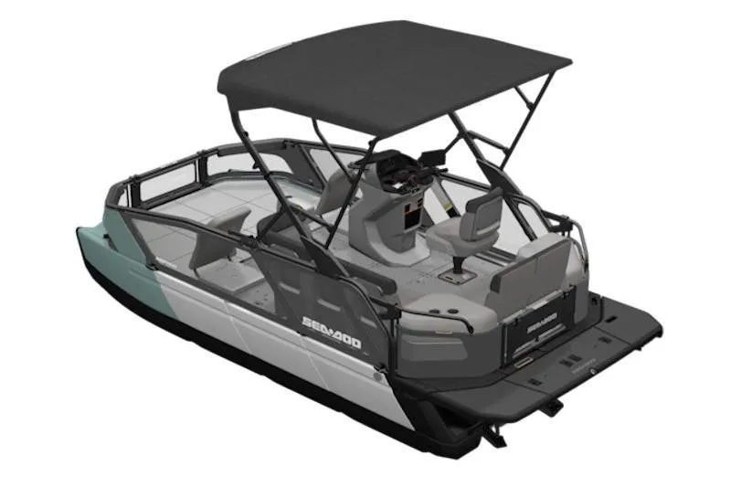 Slide: The Image of 2026 Sea-Doo Switch Sport 18 pontoon boat with canopy and modern design. - 4