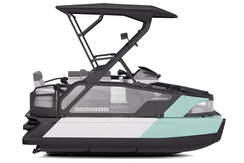 Slide: The Image of 2026 Sea-Doo Switch Sport Compact pontoon boat with sleek design and canopy. - 1