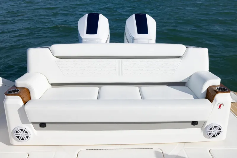 Slide: The Image of Manufacturer Provided Image: Luxurious seating on 2026 Tiara Yachts 39 LE, featuring dual outboard motors. - 11