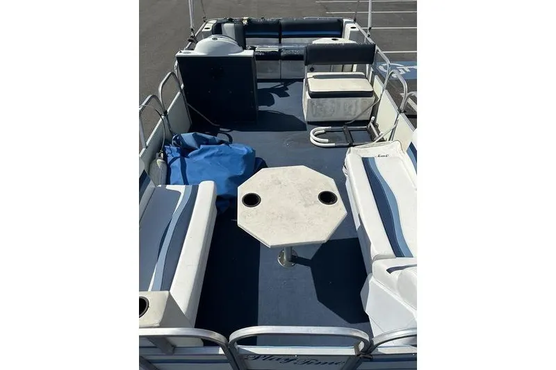 Slide: The Image of Pontoon boat interior with seating and table, Playtime DL2022 model, 2002. - 2