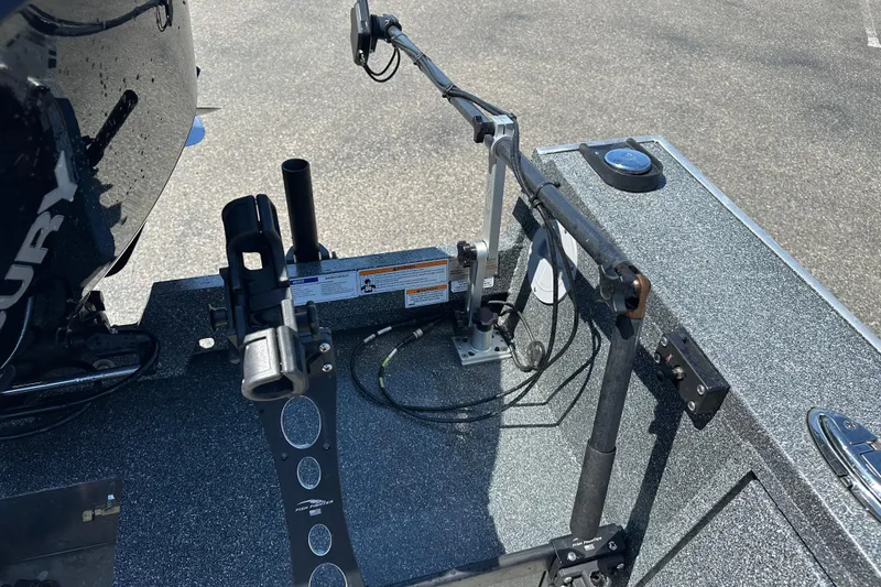 Slide: The Image of 2024 Alumaweld Columbia 25 boat deck with fishing rod holder and motor mount. - 20