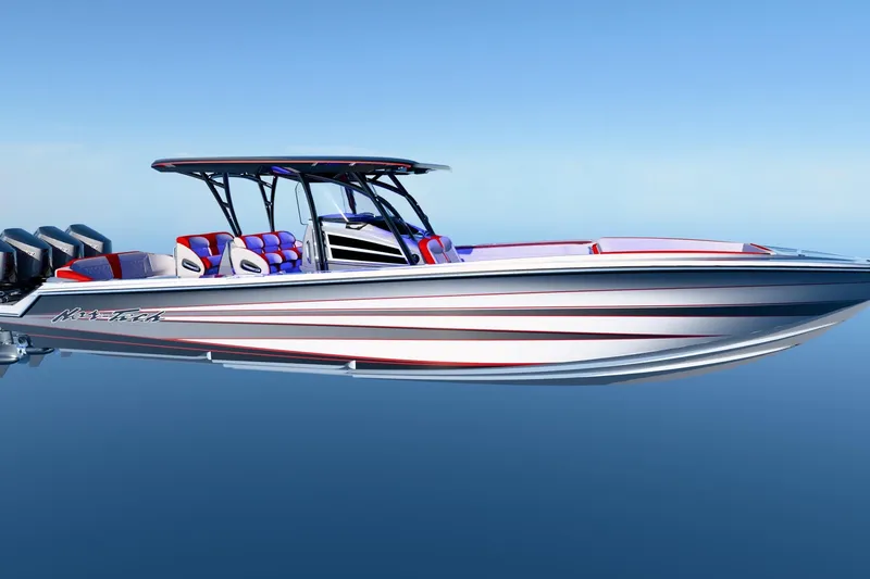 The Image of 2027 Nor-Tech 390 Sport Center Console boat on calm water, featuring sleek design and vibrant seating. - 1