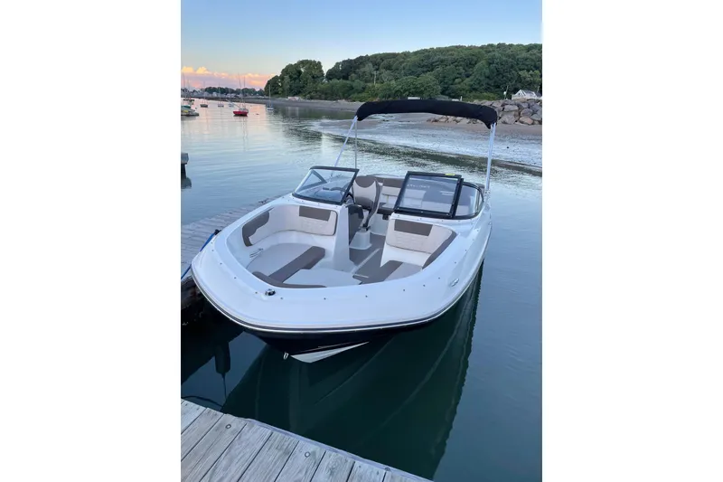 The Image of 2019 Bayliner VR5 Bowrider I/O docked on calm water, scenic background. - 20