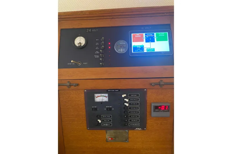 Slide: The Image of Control panel of a 1939 Elco Motor Yacht, featuring gauges and digital displays. - 21