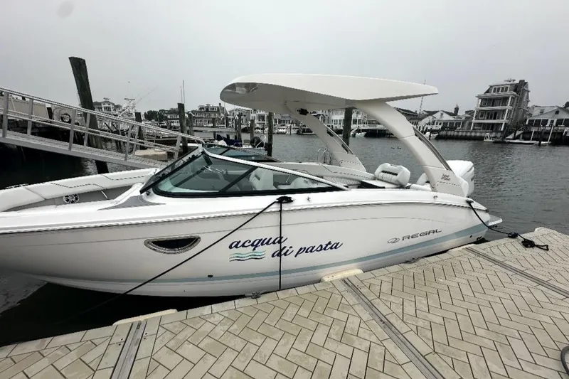 The Image of 2025 Regal LX6 boat docked at marina, featuring sleek design and modern amenities. - 1