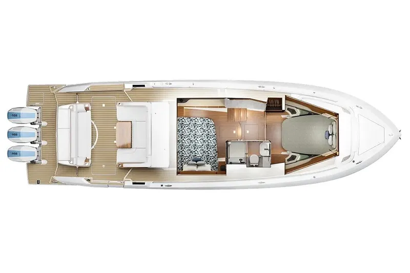Slide: The Image of Manufacturer Provided Image: Top view of 2026 Tiara Yachts 46 LS, showcasing luxurious interior layout and triple outboard engines. - 23