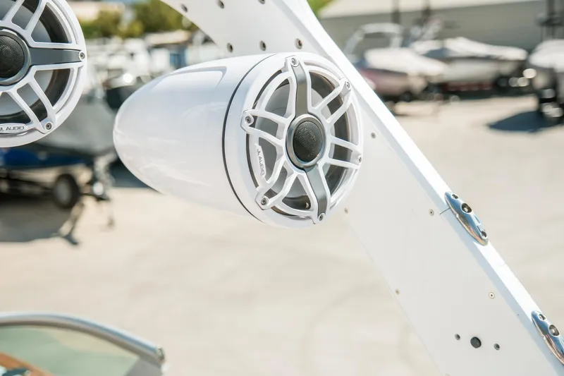 Slide: The Image of Close-up of JL Audio speakers on a 2021 MB F24 Tomcat boat. - 14