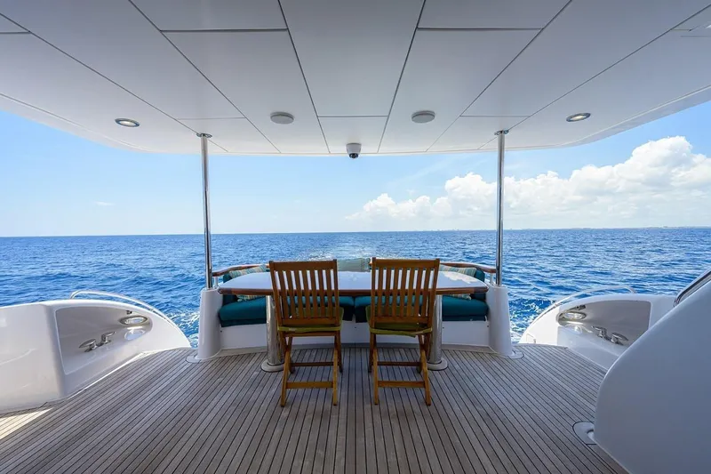 Slide: The Image of Aft deck of 2007 Hatteras 80 Motor Yacht with ocean view and seating area. - 11