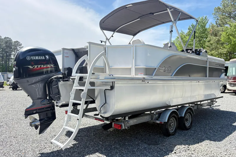 Slide: The Image of 2022 SunCatcher Select 22RF pontoon boat with Yamaha VMAX engine on trailer. - 4