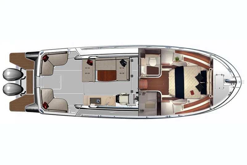 Slide: The Image of Manufacturer Provided Image: Top view layout of 2026 Back Cove 34O boat, featuring spacious interior and twin engines. - 10