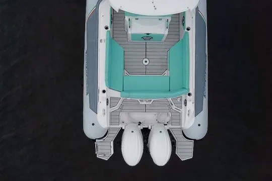 Slide: The Image of Overhead view of 2024 Ranieri Cayman 27.0 Sport boat with twin engines. - 14