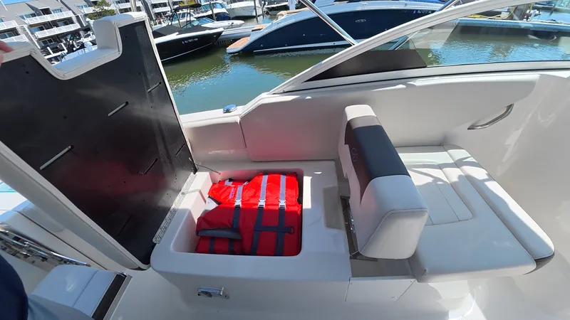 Slide: The Image of Sailfish 226 DC 2024 boat with storage and life jacket. - 17