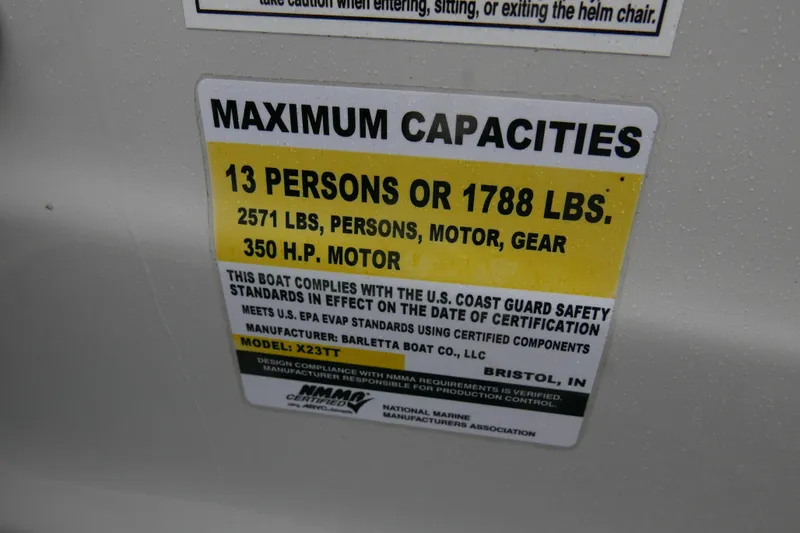 Slide: The Image of Capacity label on 2022 Barletta CORSA 23QC boat, 13 persons or 1788 lbs, 350 HP motor. - 11