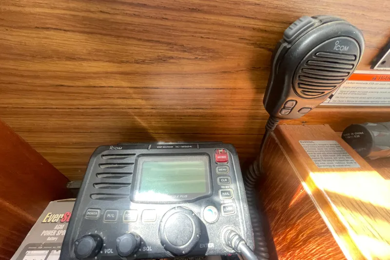 Slide: The Image of VHF marine radio and microphone on a 1974 Tollycraft 37 Sedan boat. - 28