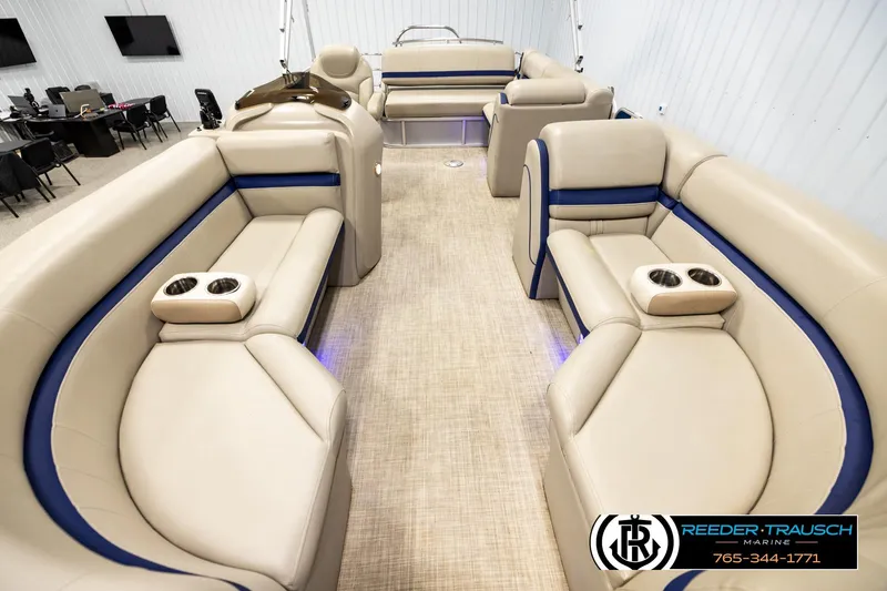Slide: The Image of Luxurious interior of 2019 Berkshire 24 SB2 CTS pontoon boat with plush seating and cup holders. - 13