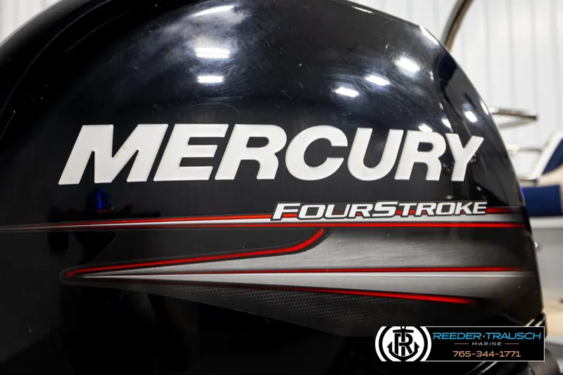 Slide: The Image of Mercury FourStroke engine on 2019 Berkshire 24 SB2 CTS boat, Reeder Trausch Marine logo. - 50