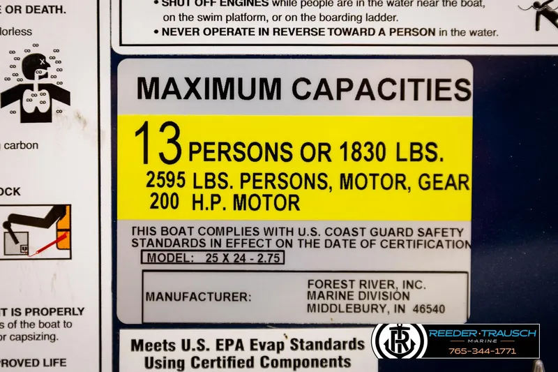Slide: The Image of 2019 Berkshire 24 SB2 CTS boat capacity label, 13 persons or 1830 lbs, 200 HP motor. - 57