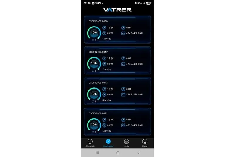 Slide: The Image of VATrer app dashboard displaying battery status for Lagoon 450 F, 2016 model. - 6