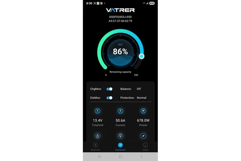 Slide: The Image of Battery monitoring app interface showing 86% charge, voltage, current, and power details for Lagoon 450 F 2016. - 7