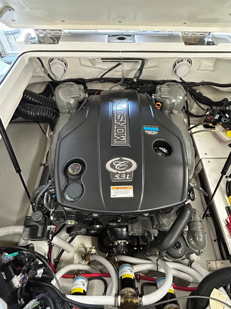 Slide: The Image of Engine compartment of 2025 Cobalt R4 Surf with Monsoon 5.3L engine. - 3