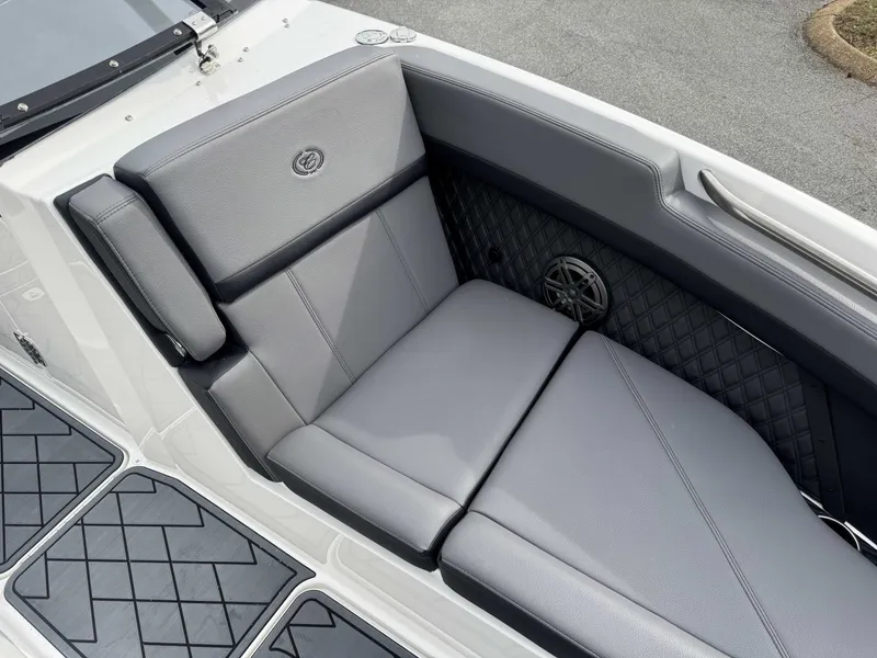 Slide: The Image of Luxurious seating area in the 2026 Cobalt R8 boat. - 23