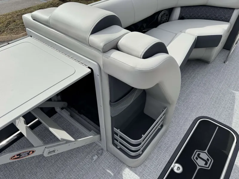 Slide: The Image of Interior of 2025 Harris Grand Mariner 230 with gray upholstery. - 28