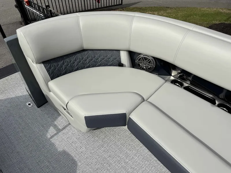 Slide: The Image of Luxurious seating in the 2025 Harris Grand Mariner 230 boat. - 31