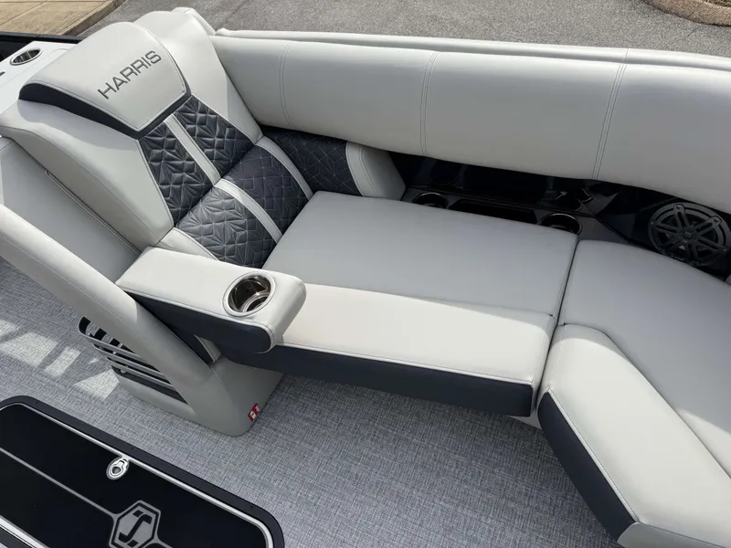 Slide: The Image of Luxurious seating in the 2025 Harris Grand Mariner 230 boat. - 38