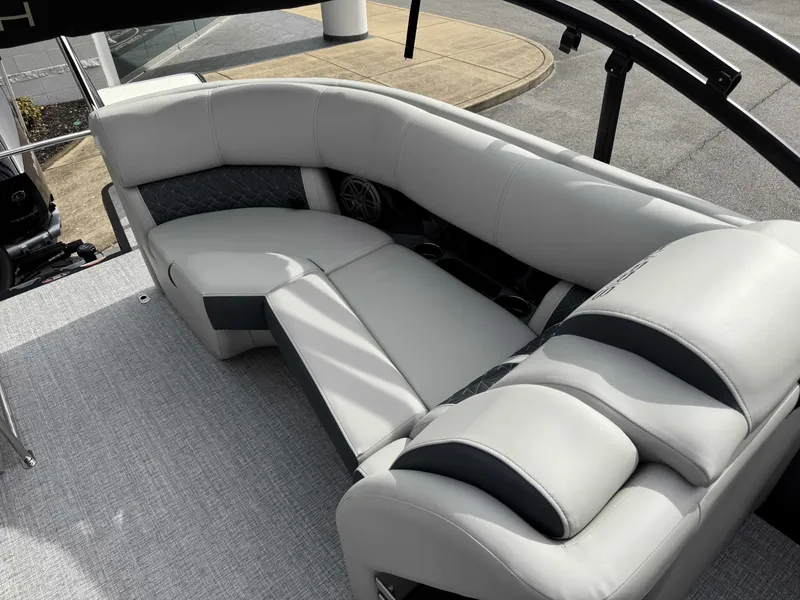 Slide: The Image of Luxurious seating in the 2025 Harris Grand Mariner 230 boat. - 6