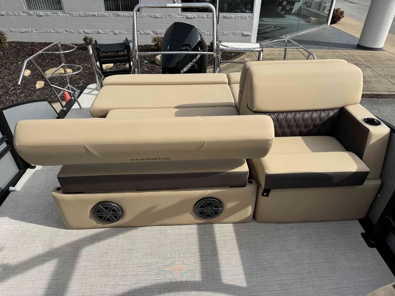 Slide: The Image of Harris SUN 250 SPORT 2025, luxurious boat seating with speakers. - 3