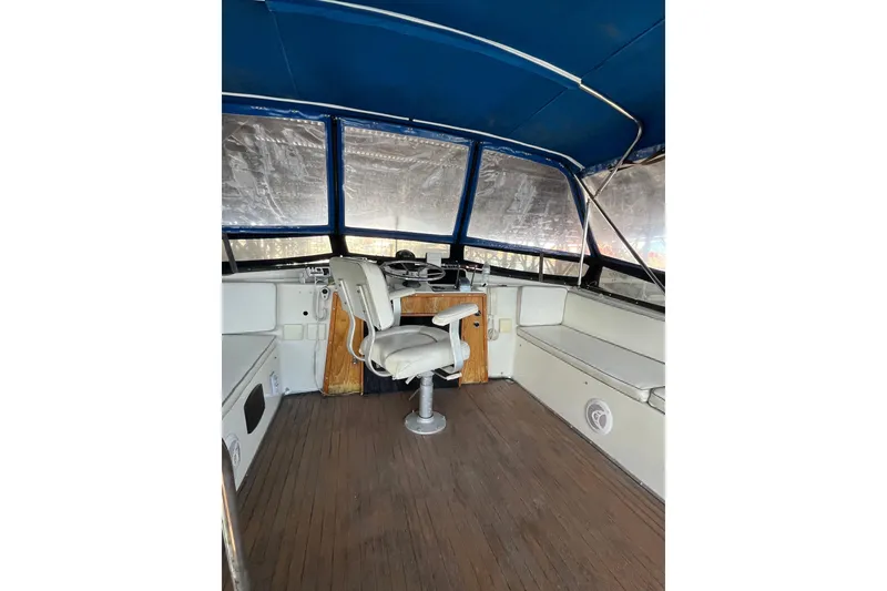 Slide: The Image of 1976 Fiberform 34 boat interior with blue canopy and steering area. - 21