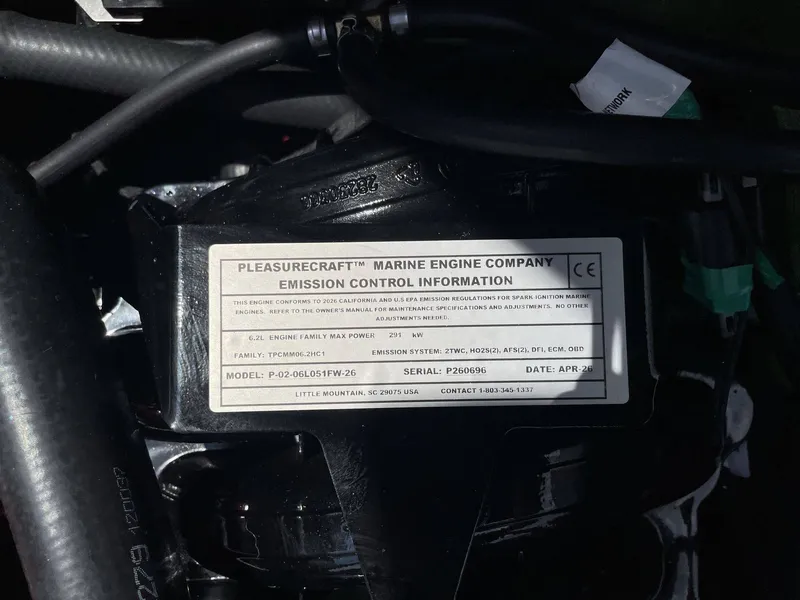 Slide: The Image of Pleasurecraft Marine Engine emission label on 2026 Nautique G23. - 41