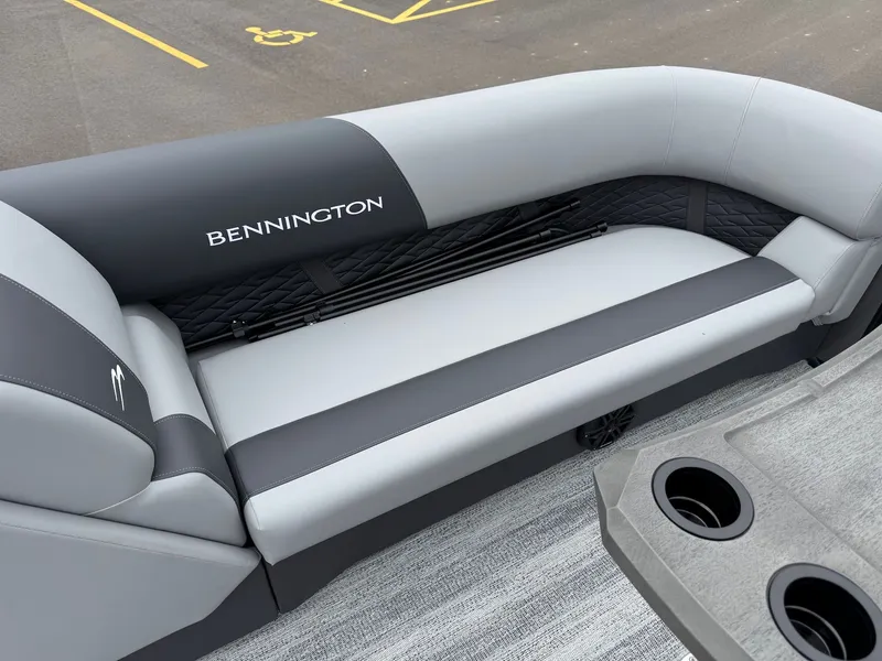 Slide: The Image of Bennington 23SSR SPS LTD TRI 2026, luxurious gray boat seating. - 24