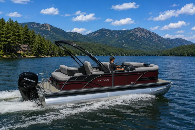 The Image of Sylvan MIRAGE 820 LZ boat on a lake with mountain backdrop. - 1