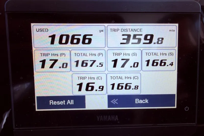Slide: The Image of Display screen showing fuel usage and trip data for 2023 Jeanneau Leader 12.5 WA. - 24