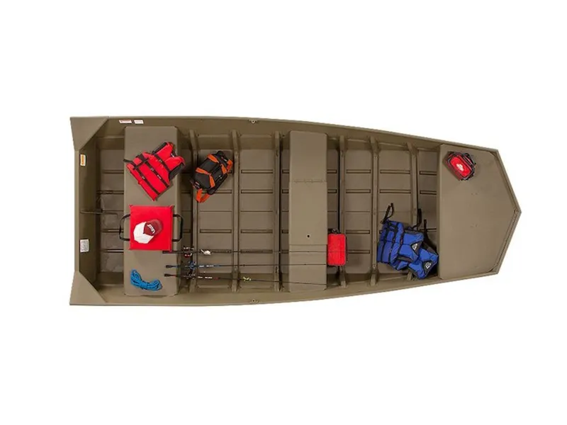 The Image of Lowe L1448M Jon boat 2026 with gear and life jackets. - 1