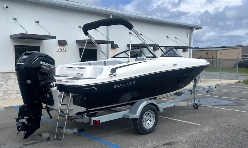 Slide: The Image of 2026 Bayliner VR4 Bowrider OB on trailer, exterior view. - 3