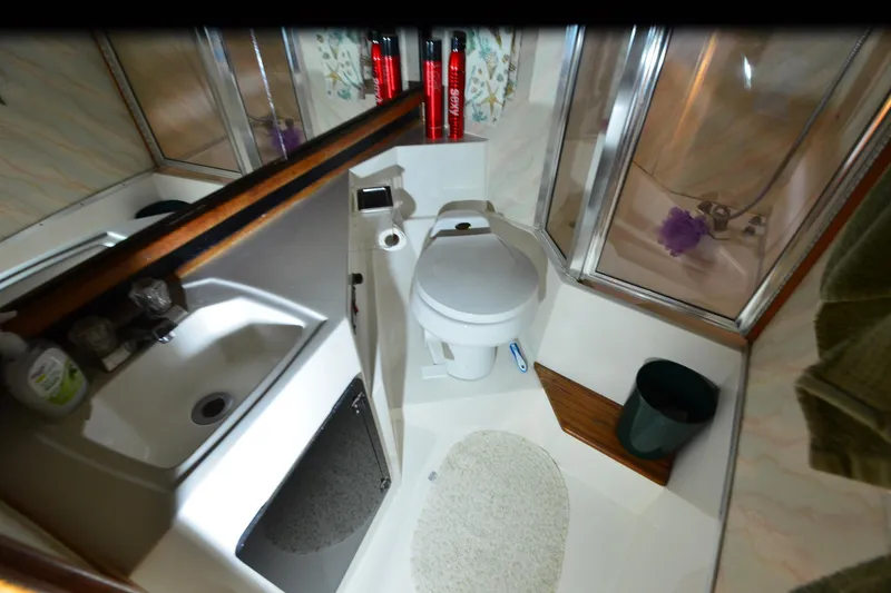 Slide: The Image of Bathroom interior of 1989 Bayliner 4518 Motoryacht with sink, toilet, and shower. - 27