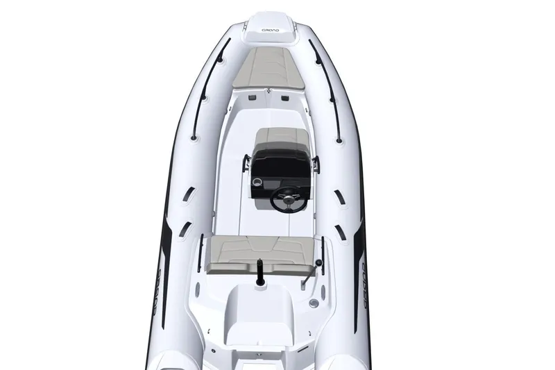 Slide: The Image of 2026 Grand Inflatables G420 boat, top view, sleek design, white and gray seating. - 11