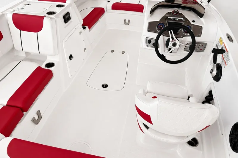 Slide: The Image of Interior of 2026 Tahoe 1950 boat with red and white seating and modern dashboard. - 2